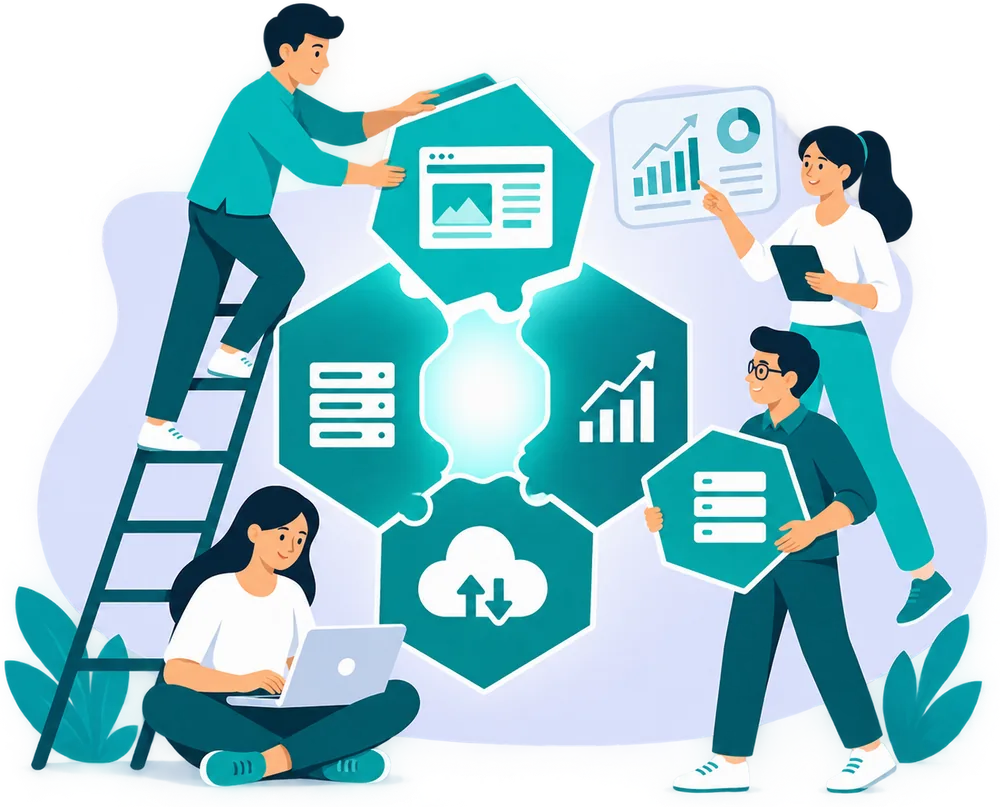 The Buznez team building a hexagon of IT services together